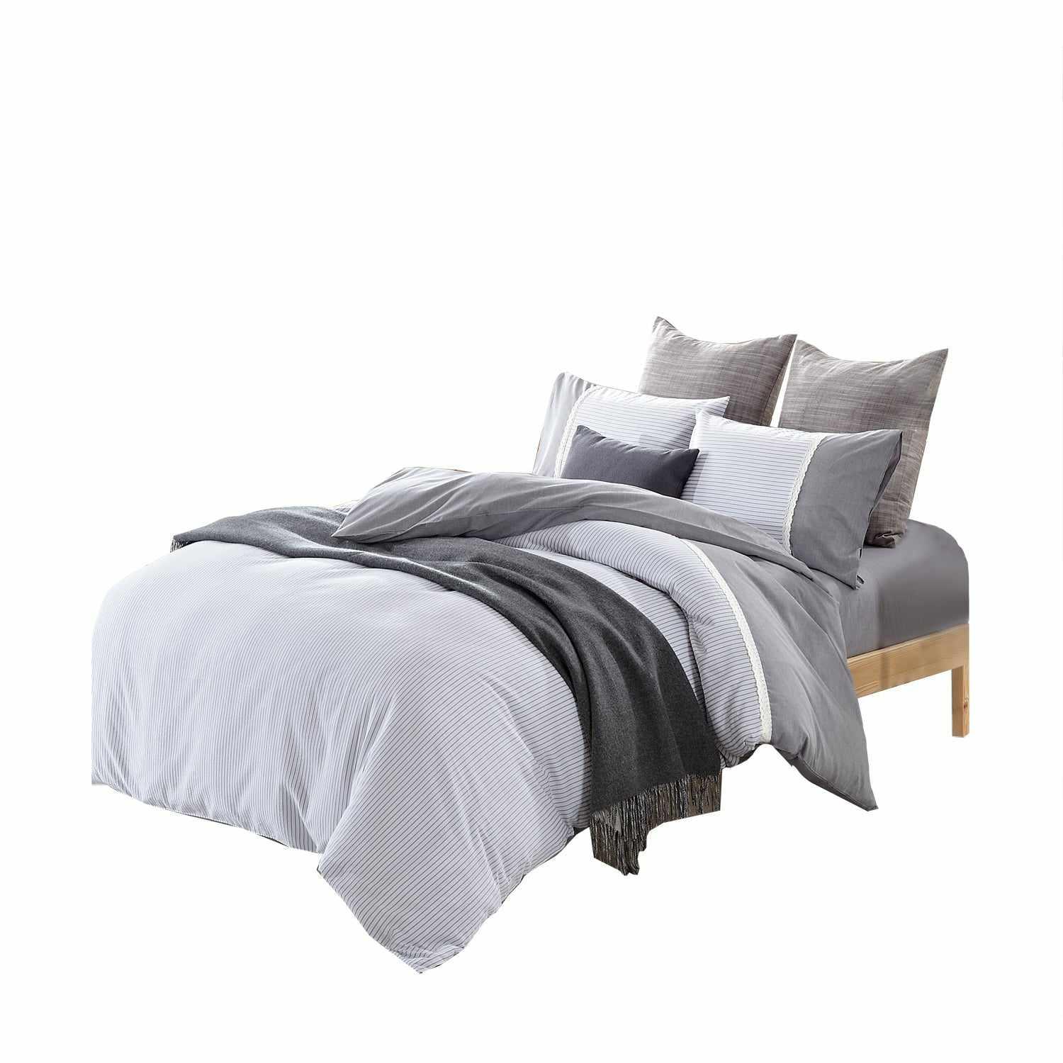  Superior Riverton Textured Thin Stripe 300-Thread Count Lace Trim Duvet Cover Set - Riverton