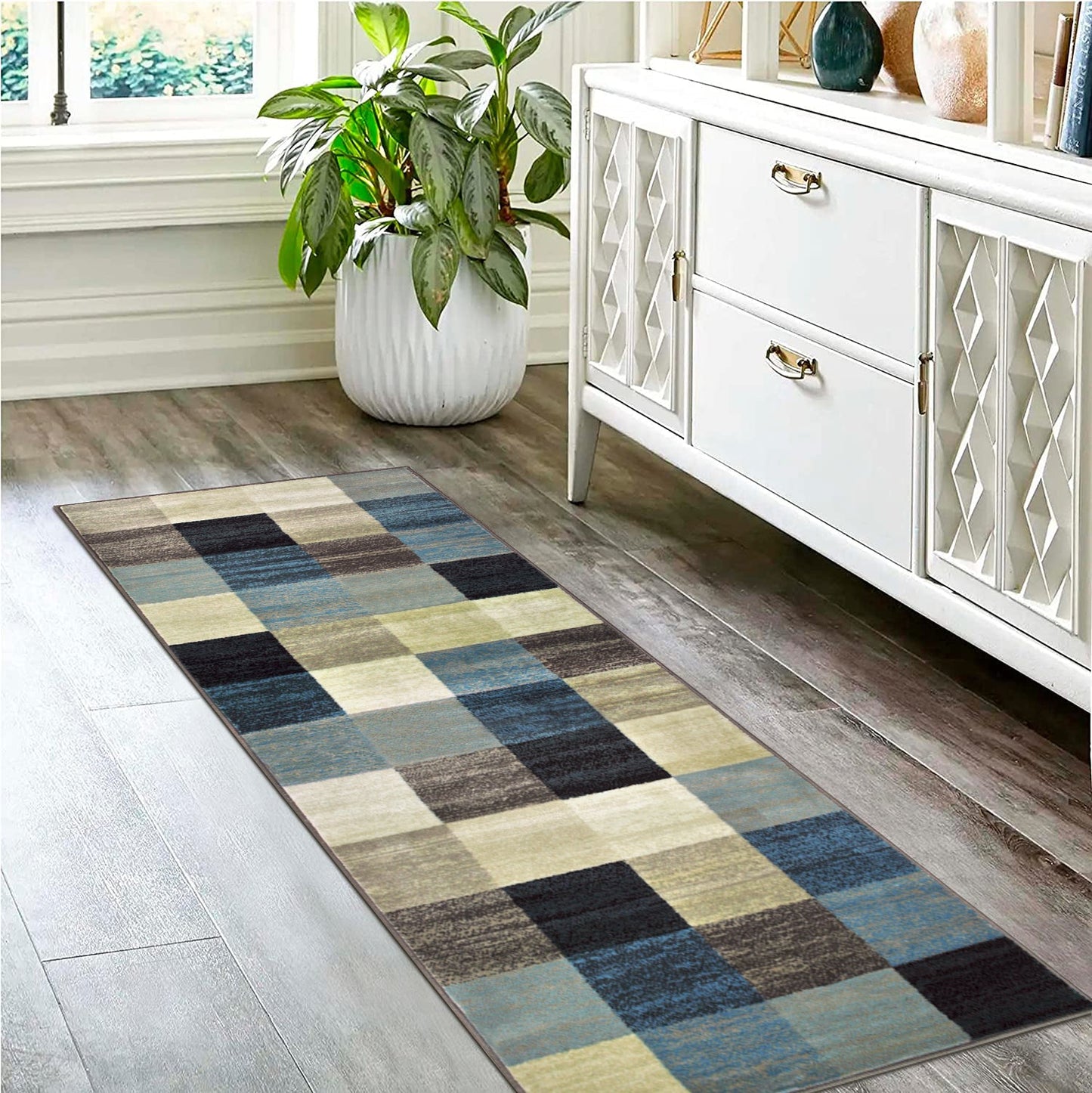 Superior Rockaway Geometric Checkered Rivulet Transitional Area Rug - Majolica Blue