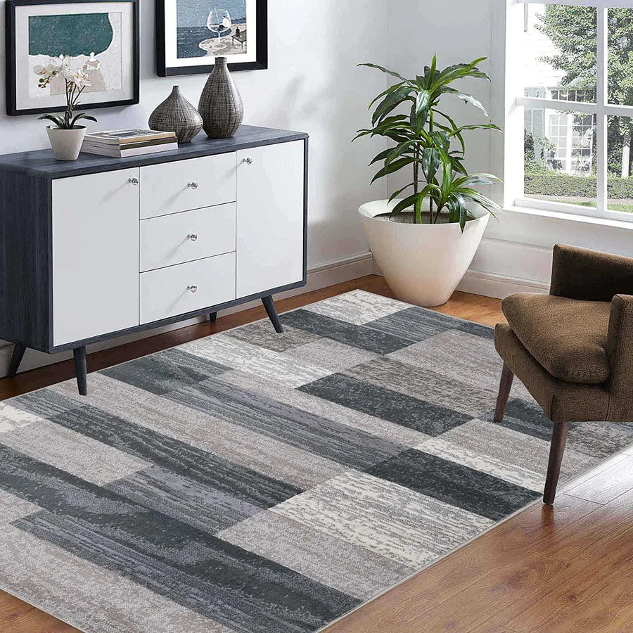 Rockwood Modern Geometric Patchwork Indoor Area Rug or Runner - Blue-Taupe