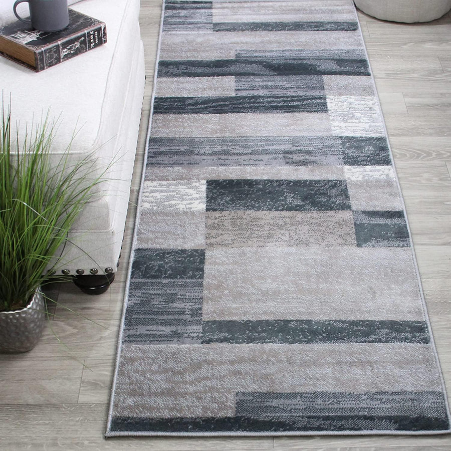 Rockwood Modern Geometric Patchwork Indoor Area Rug or Runner - Blue-Taupe