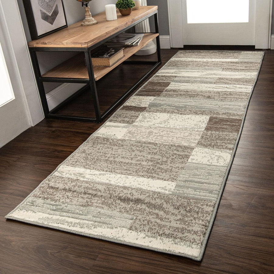 Rockwood Modern Geometric Patchwork Indoor Area Rug or Runner - LightBlue-Ivory