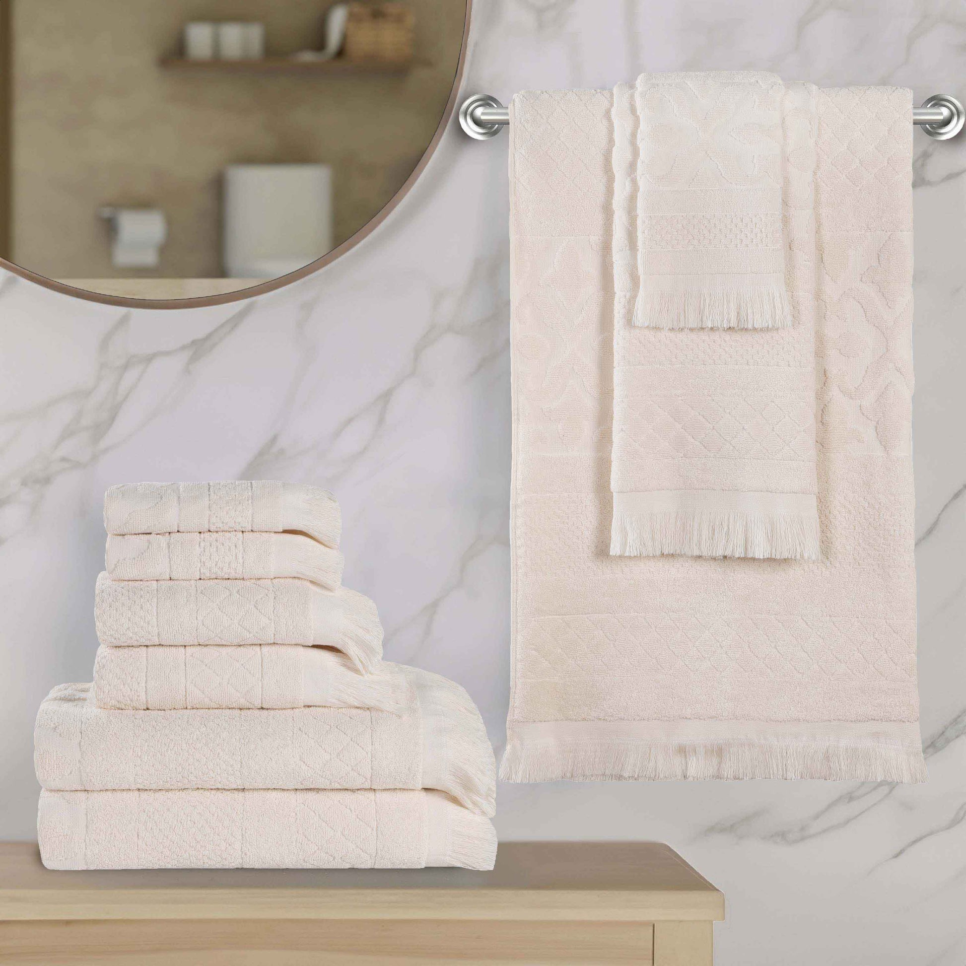 Rolla Cotton Geometric Jacquard Plush Soft Absorbent - Ivory
