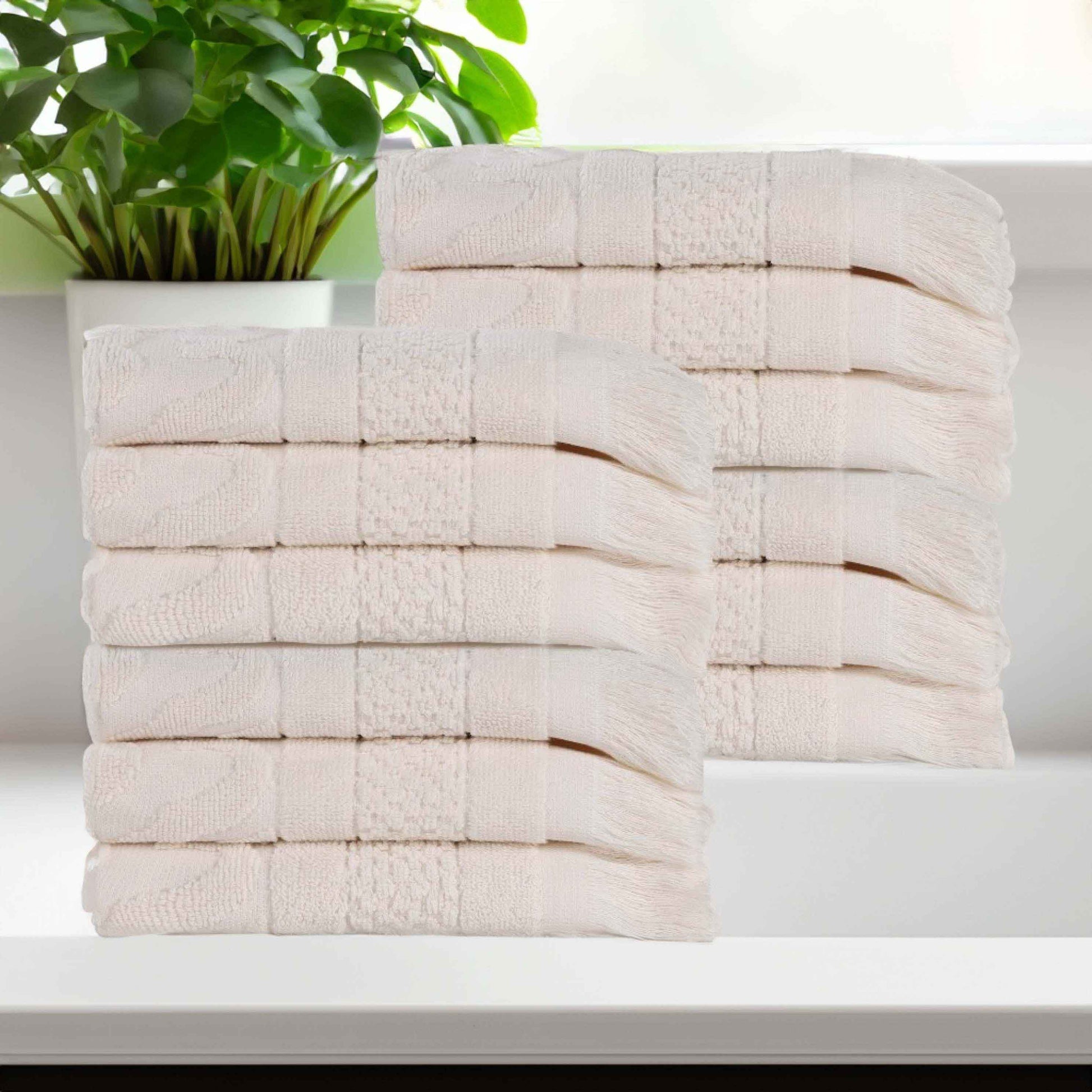 Rolla Cotton Geometric Jacquard Plush Face Towel Washcloth - Ivory