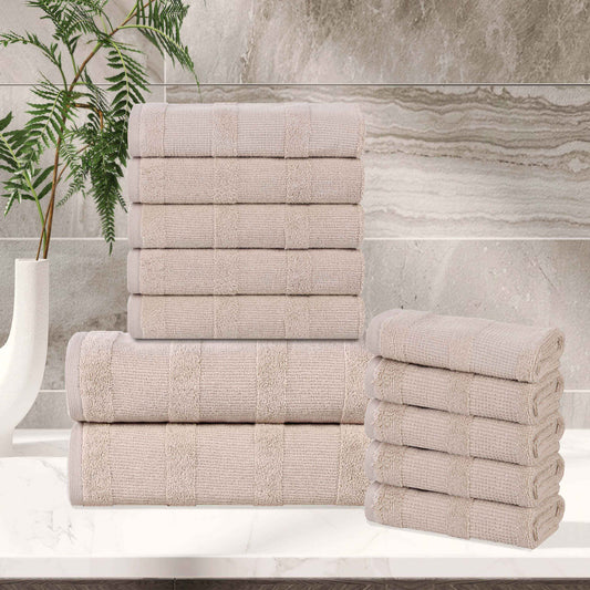Roma Cotton Ribbed Textured Soft Absorbent 12 Piece Assorted Towel Set - Stone
