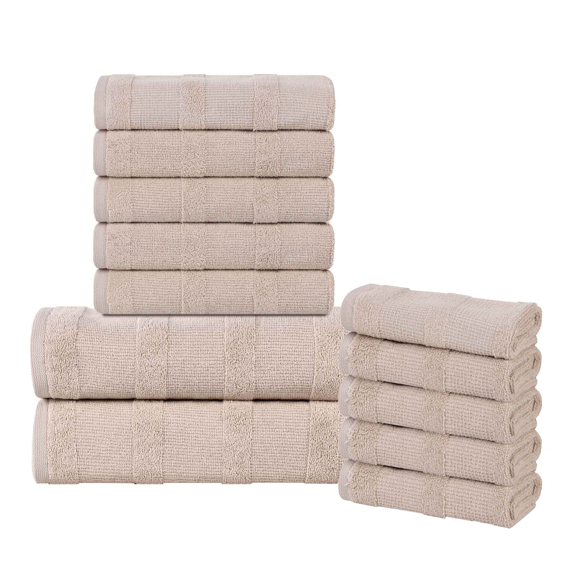 Roma Cotton Ribbed Textured Soft Absorbent 12 Piece Assorted Towel Set - Stone