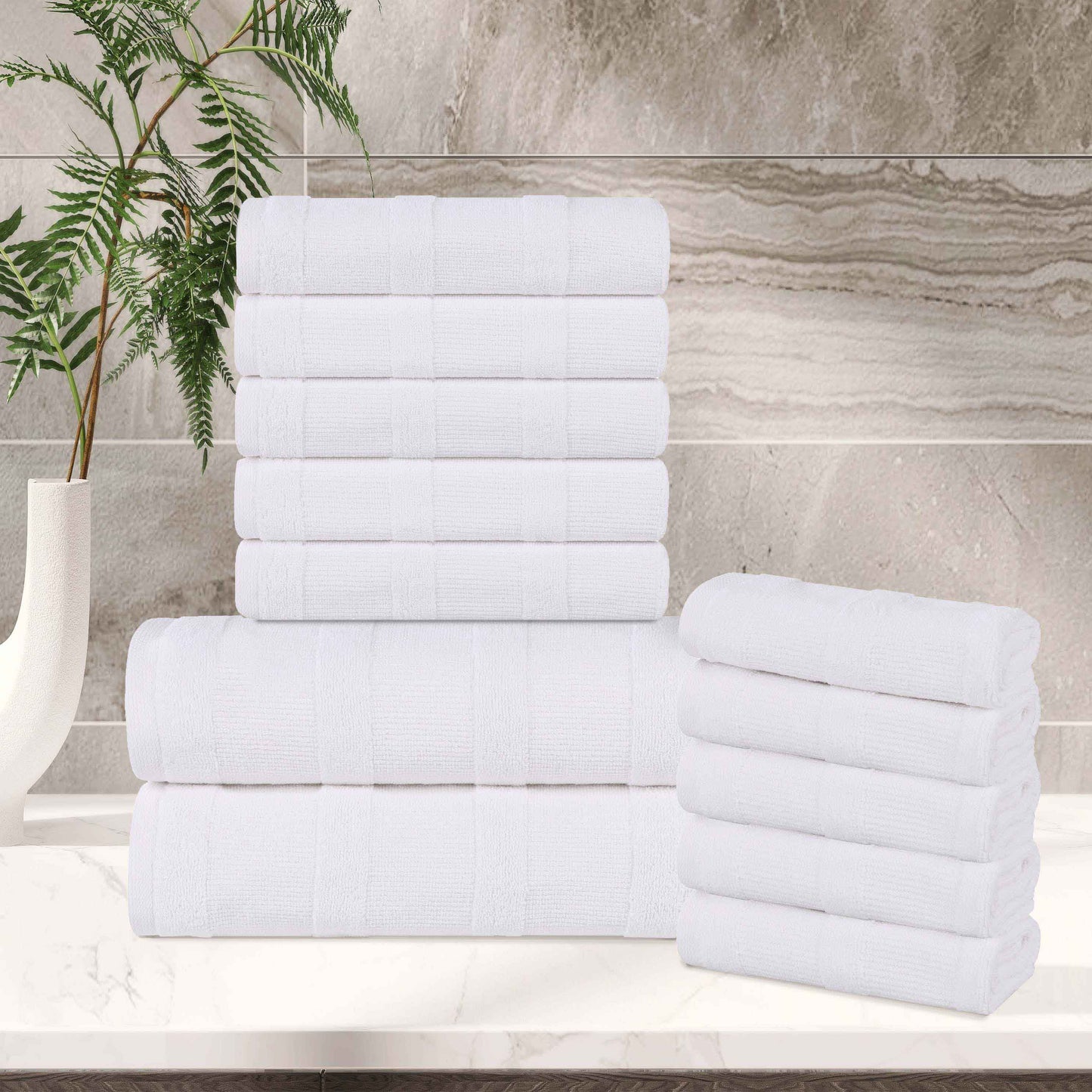 Roma Cotton Ribbed Textured Soft Absorbent 12 Piece Assorted Towel Set - White