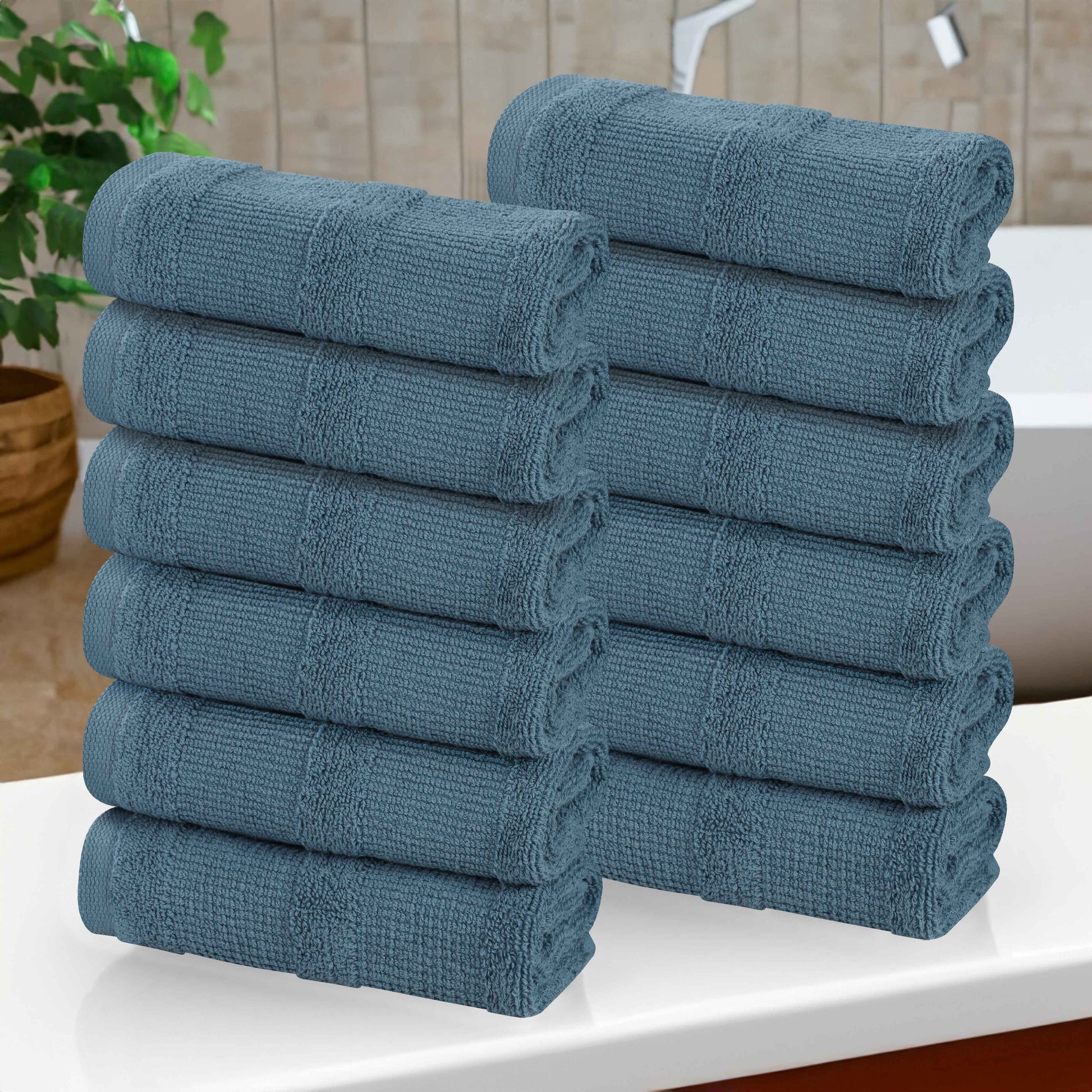 Roma Cotton Ribbed Textured Soft Face Towels/ Washcloths - Denim Blue