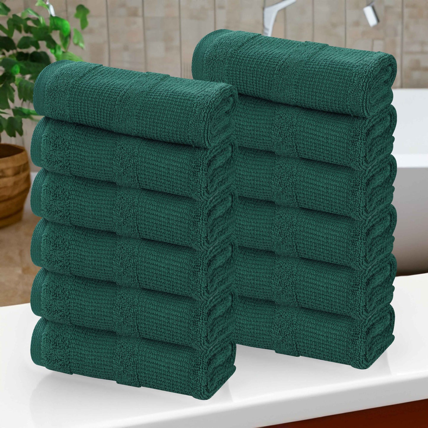 Roma Cotton Ribbed Textured Soft Face Towels/ Washcloths - Evergreen