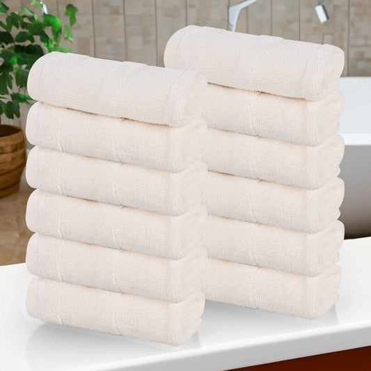 Roma Cotton Ribbed Textured Soft Face Towels/ Washcloths, Set of 12 - Ivory