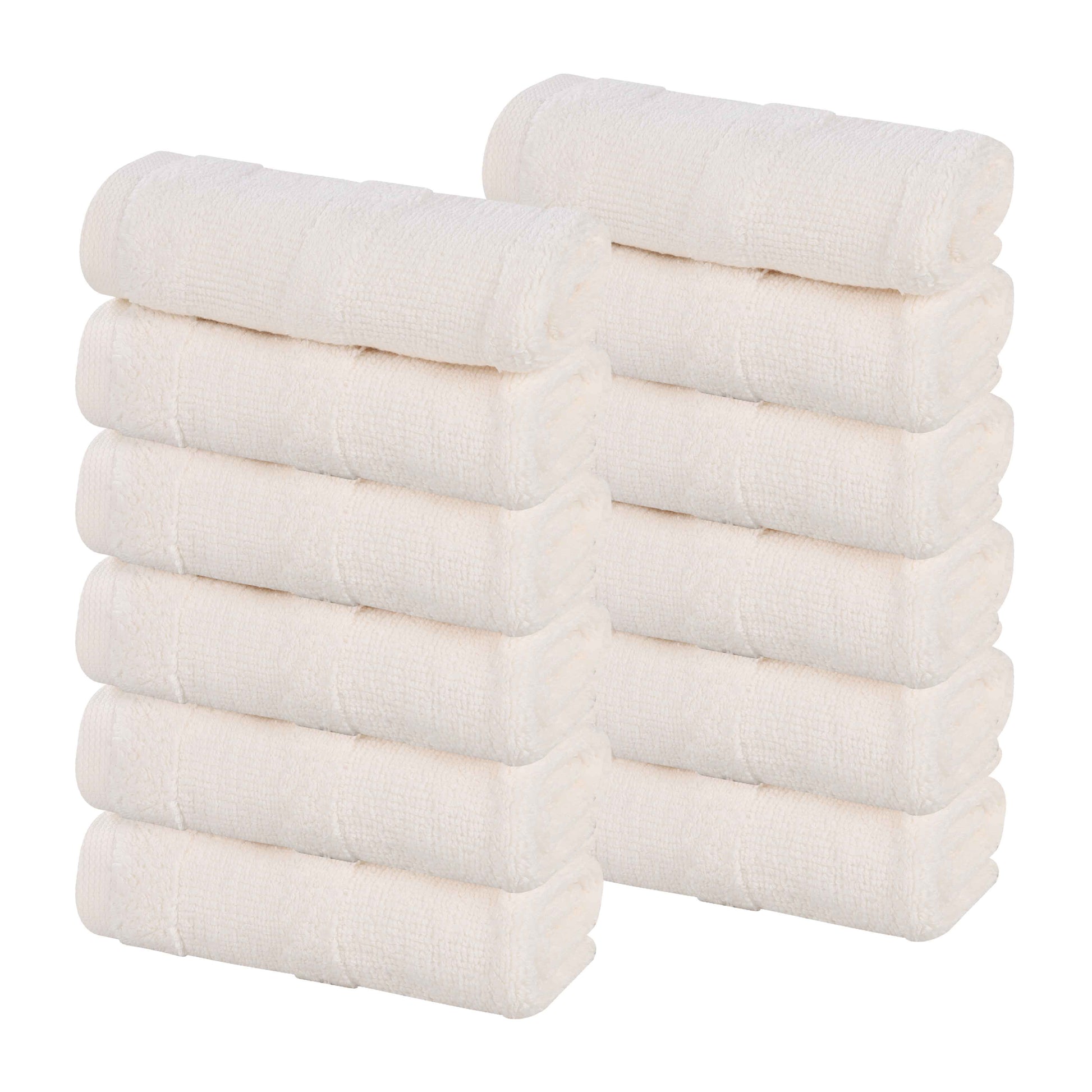 Roma Cotton Ribbed Textured Soft Face Towels/ Washcloths, Set of 12 - Ivory