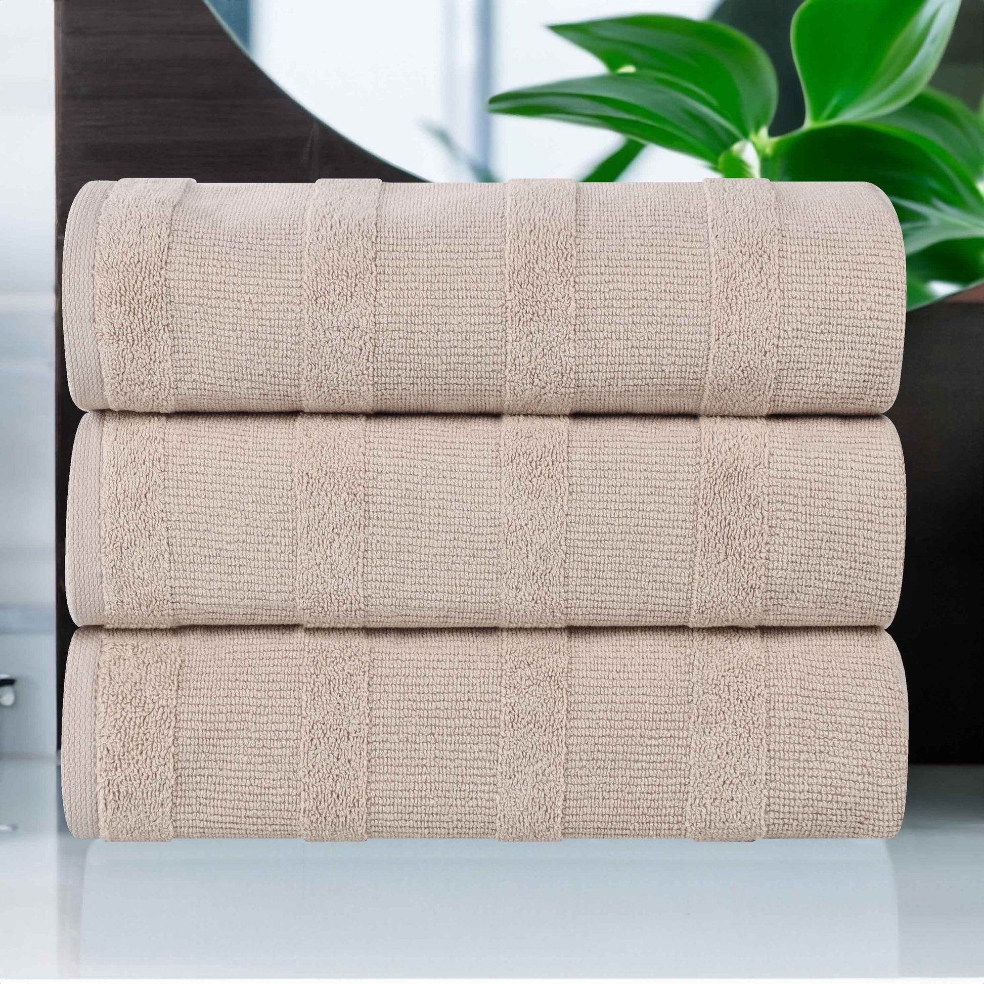 Roma Cotton Ribbed Textured Soft Highly Absorbent Bath Towel - Stone