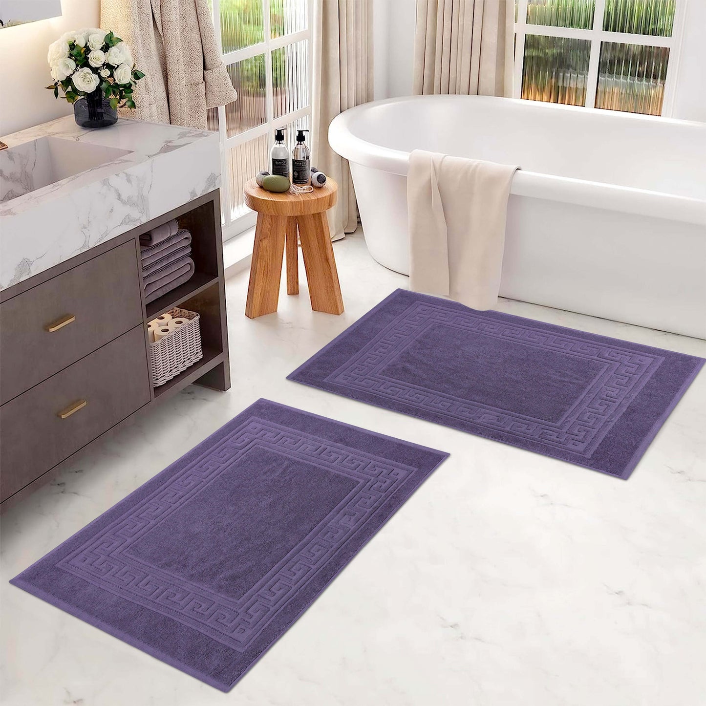 100% Cotton Highly-Absorbent Greek Key Border Solid 2-Piece Bath Mat Set - RoylaPurple