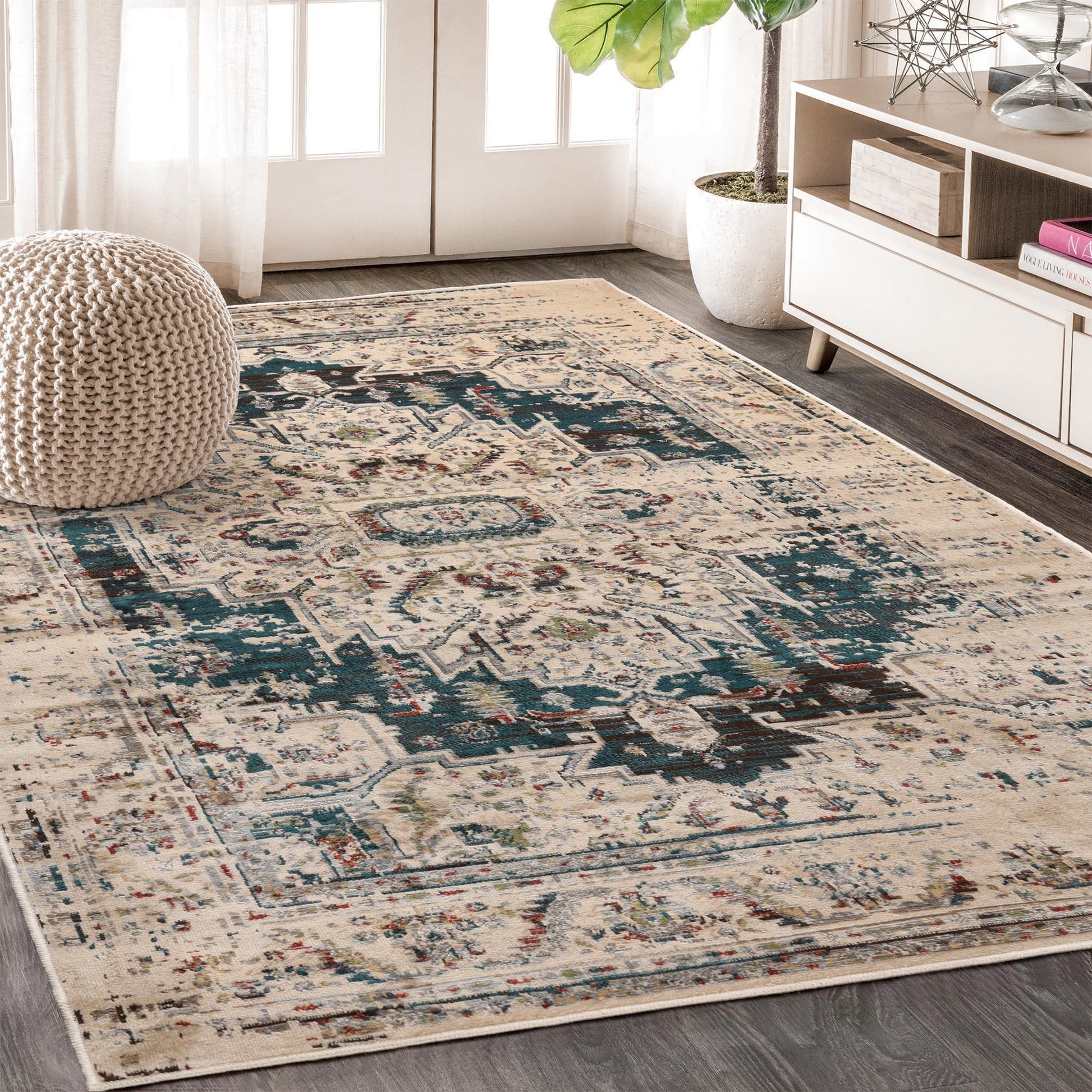 Superior Marquis Modern Farmhouse Medallion Indoor Area Rug or Runner Rug - Teal