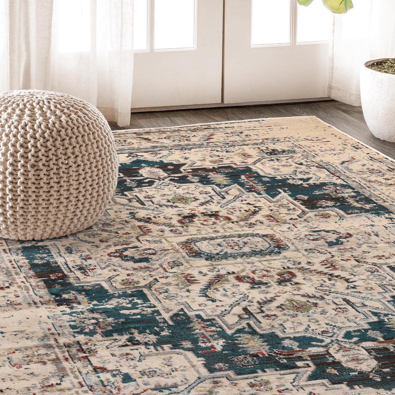 Superior Marquis Modern Farmhouse Medallion Indoor Area Rug or Runner Rug - Teal