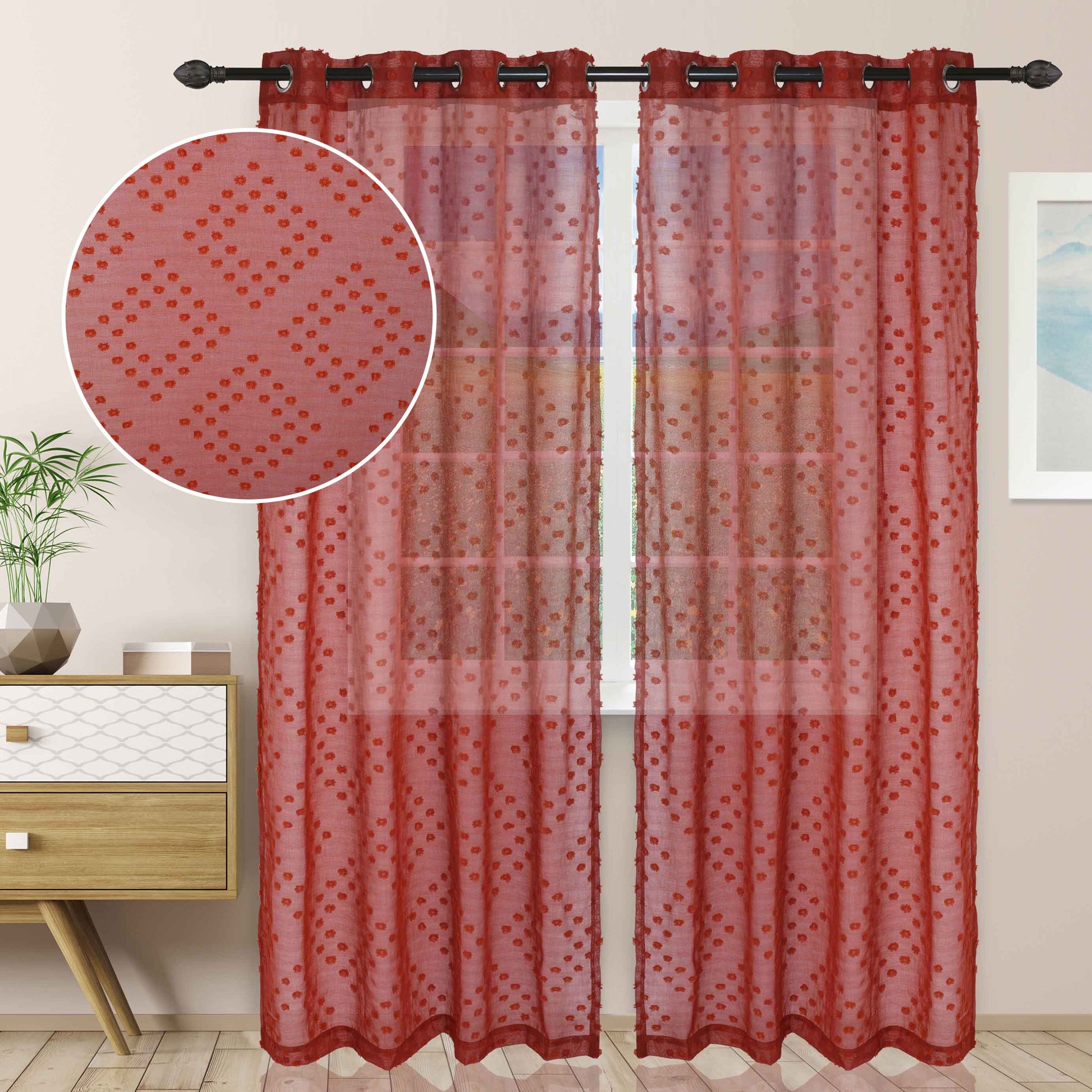 Sheer Poppy Floral Modern Textured Grommet Curtain Panels Set of 2 - Rust