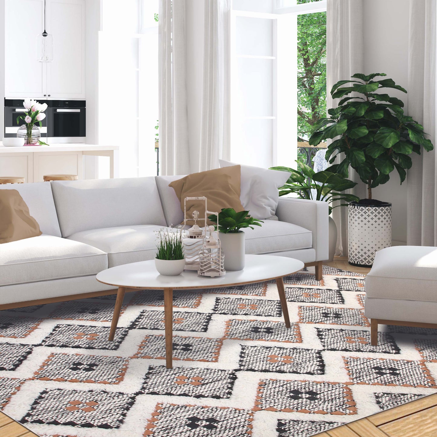 Geometric Wool Cotton Blend Latex Backing Indoor Area Rug - Rust/Black