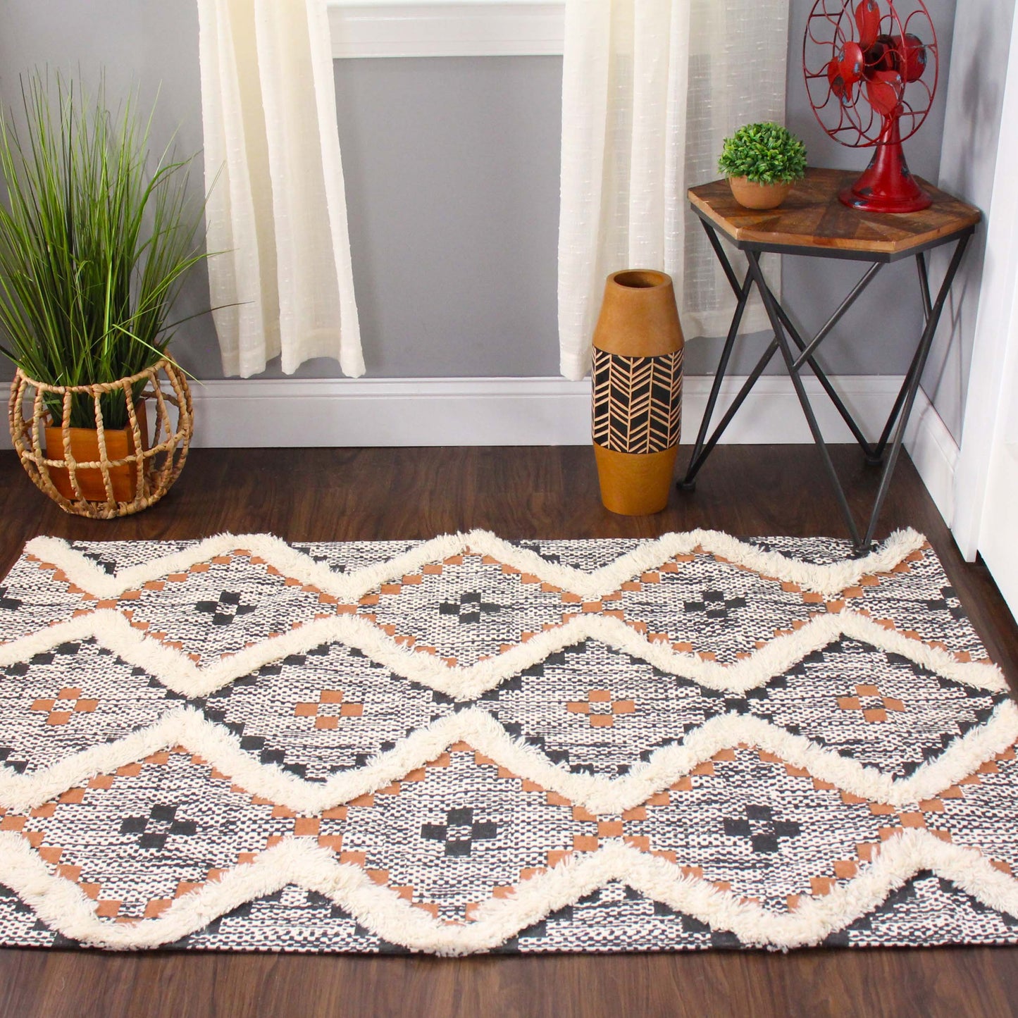 Geometric Wool Cotton Blend Latex Backing Indoor Area Rug - Rust/Black
