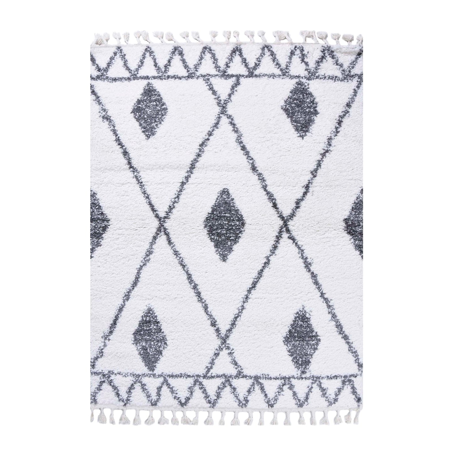 Superior Boho Tribal Geometric Indoor Shag Area Rug with Tassels - Cream-Grey