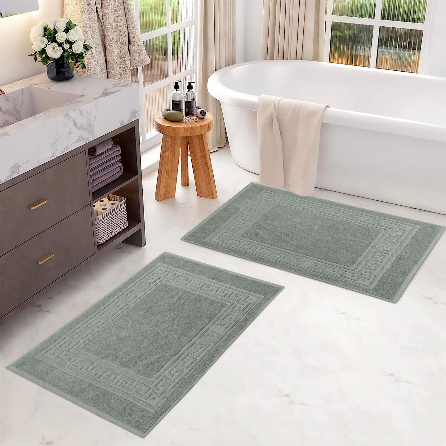 100% Cotton Highly-Absorbent Greek Key Border Solid 2-Piece Bath Mat Set - Sage