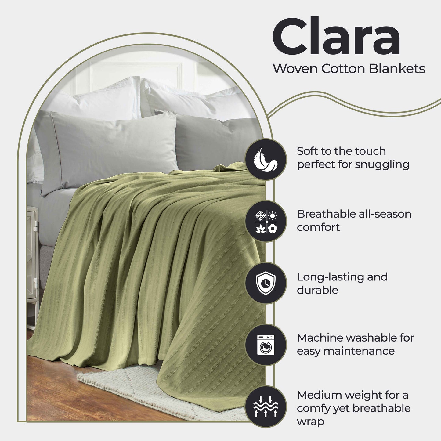 Clara Cotton Textured Jacquard Striped Lightweight Woven Blanket - Sage