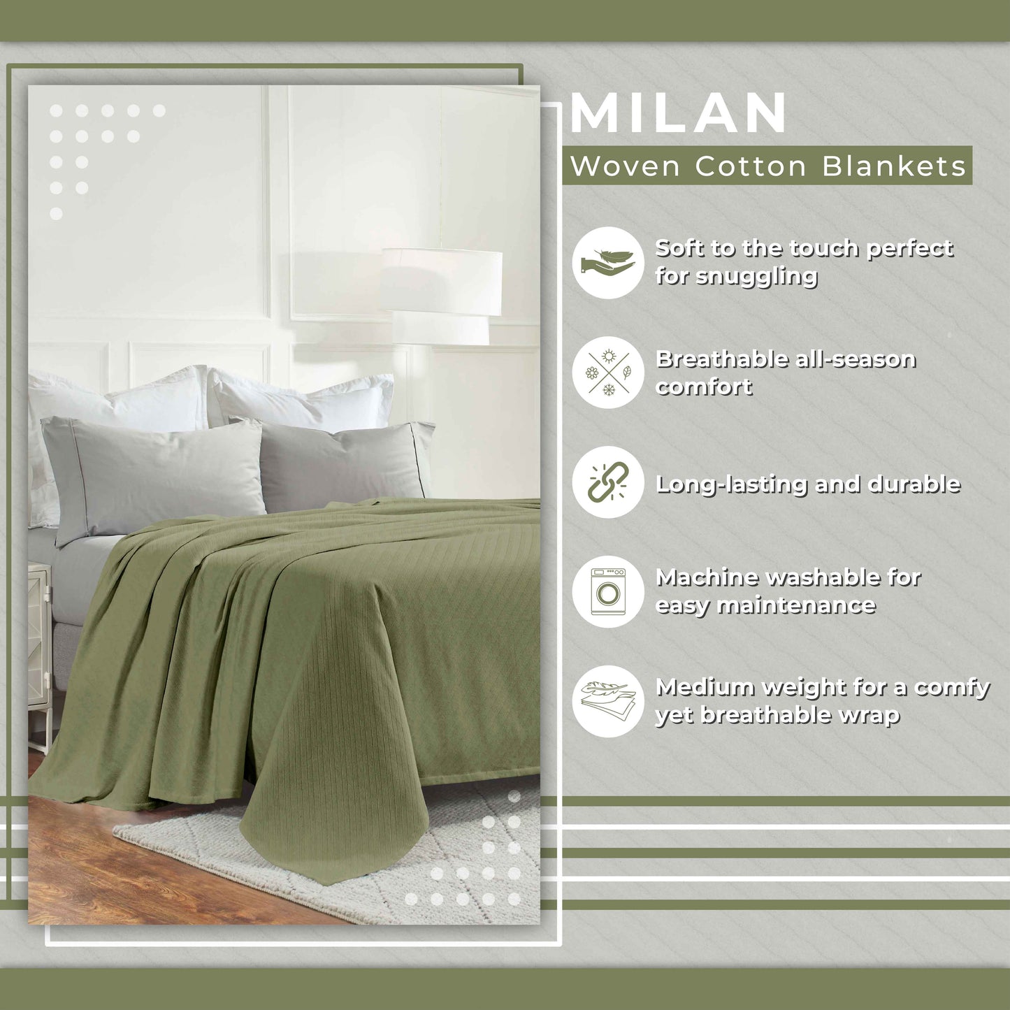 Milan Cotton Textured Jacquard Striped Lightweight Woven Blanket - Sage