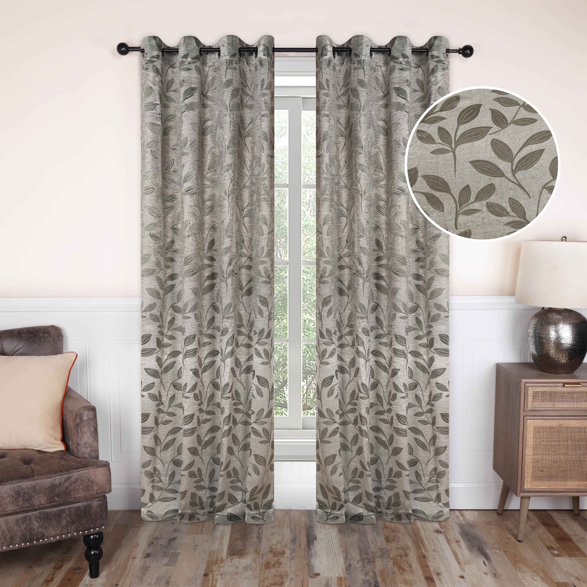 Leaves Machine Washable Room Darkening Blackout Curtains, Set of 2 - Sage