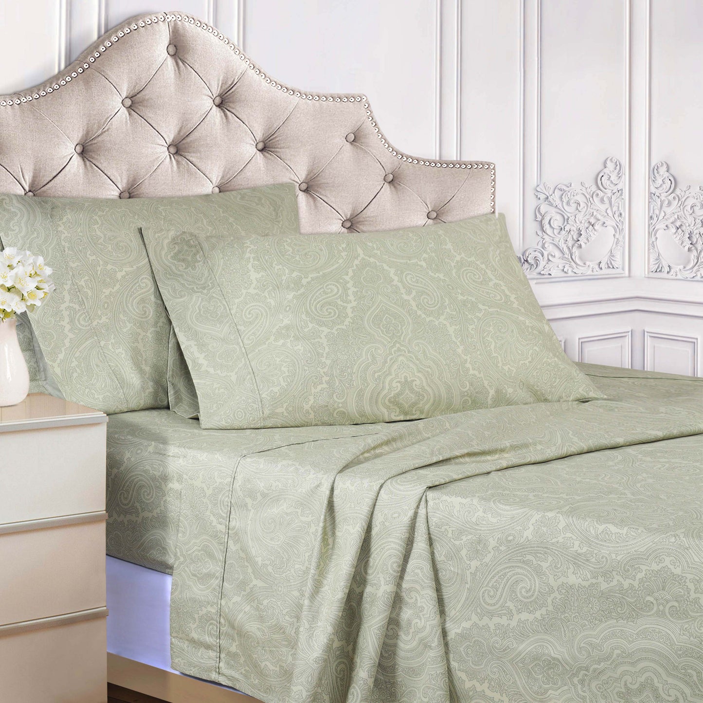 Italian Paisley 600 Thread Count Cotton Blend Deep Pocket Sheet Set - Sage