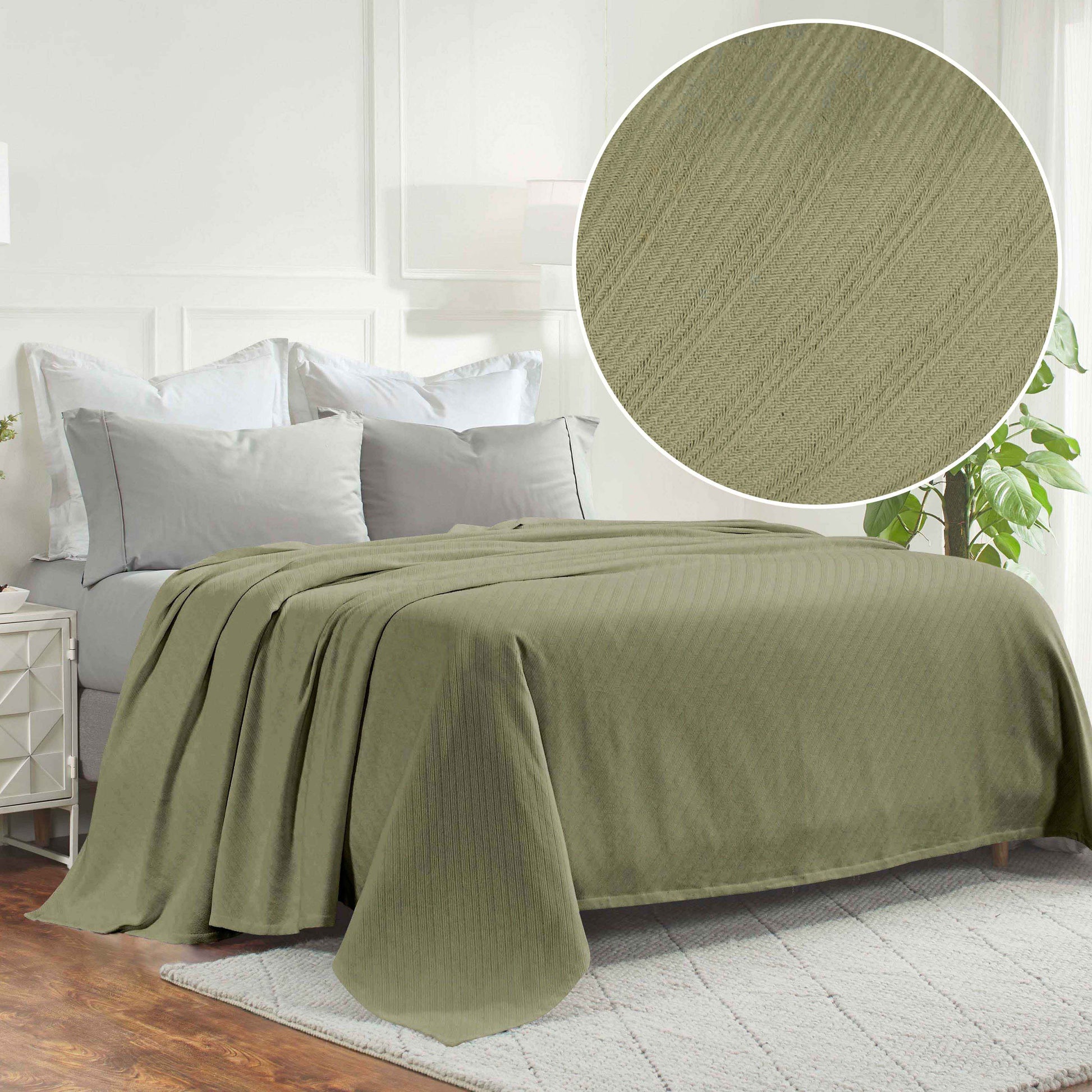 Milan Cotton Textured Jacquard Striped Lightweight Woven Blanket - Sage