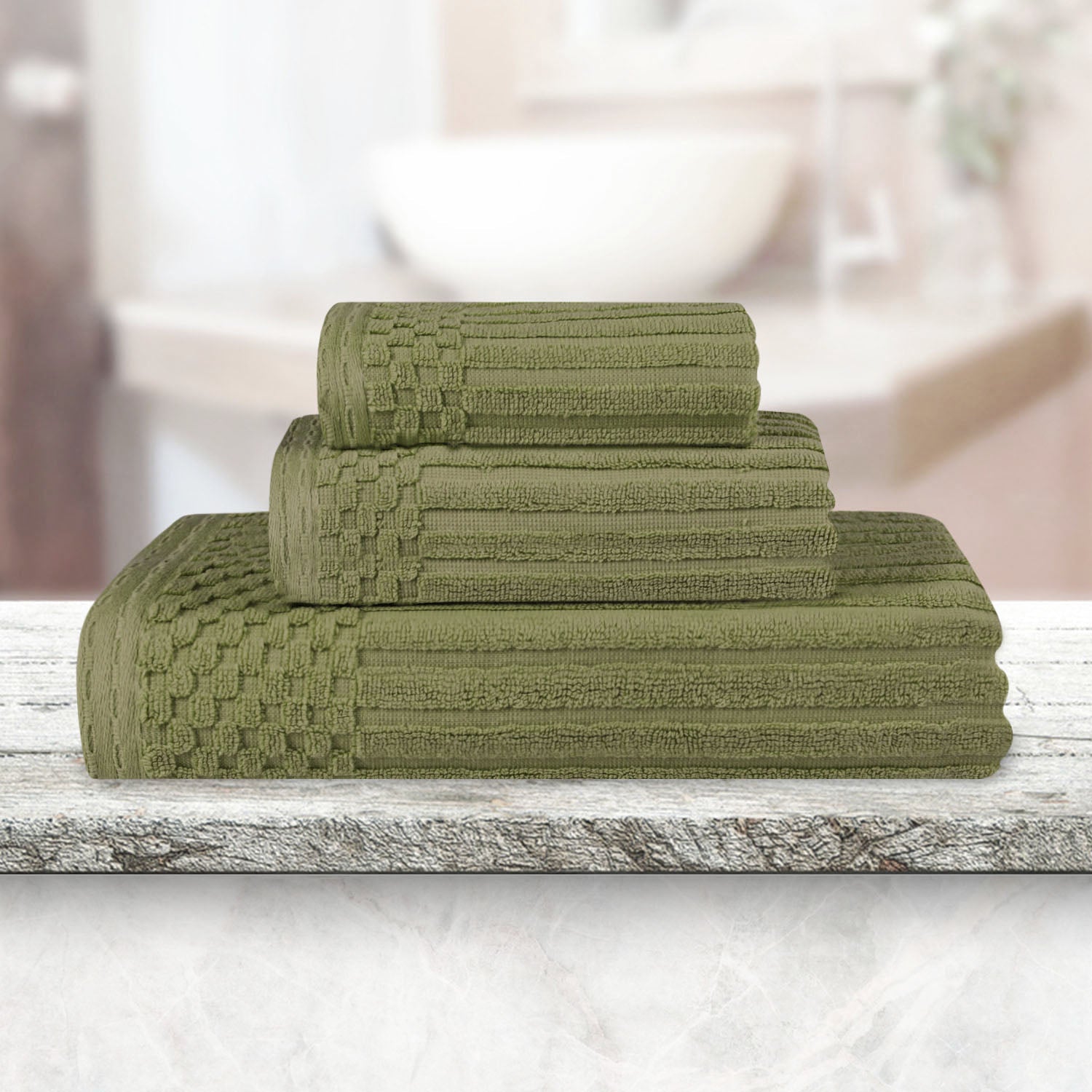 Soho Ribbed Cotton Absorbent 3 Piece Assorted Towel Set - Sage