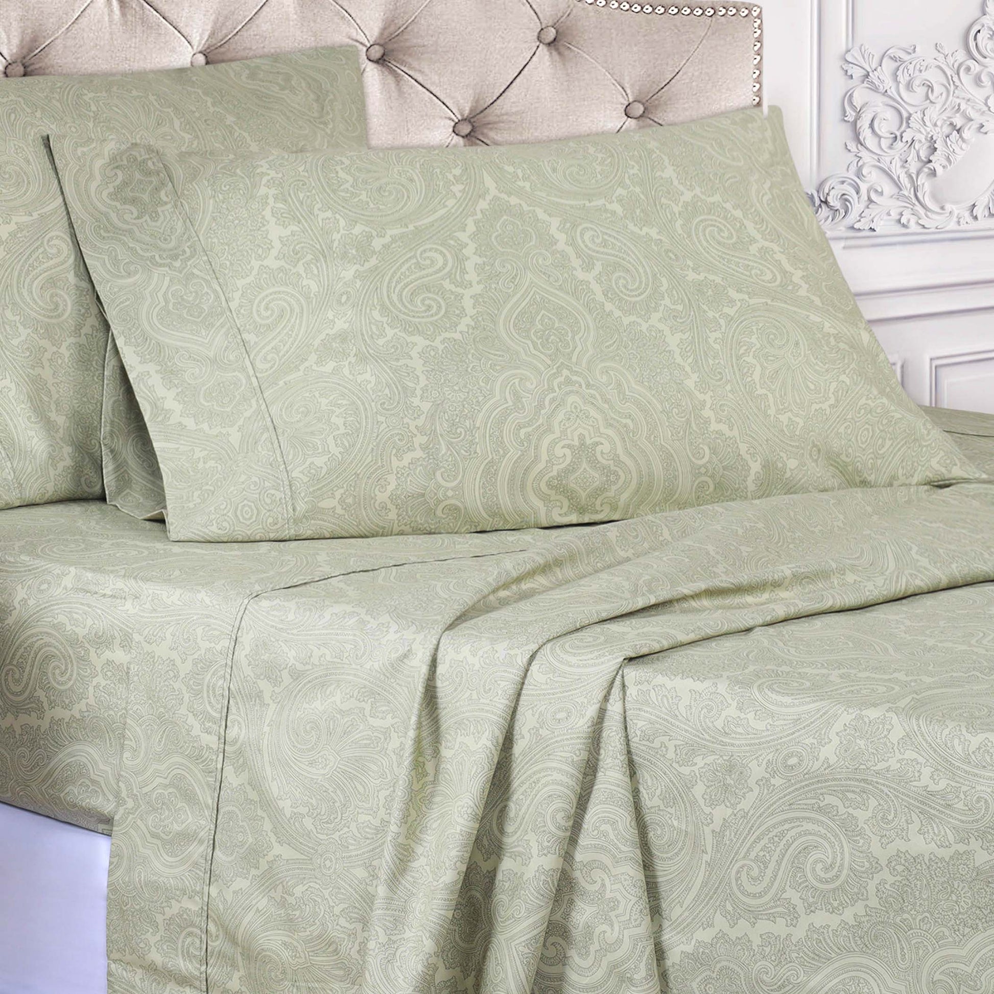 Italian Paisley 600 Thread Count Cotton Blend Deep Pocket Sheet Set - Sage