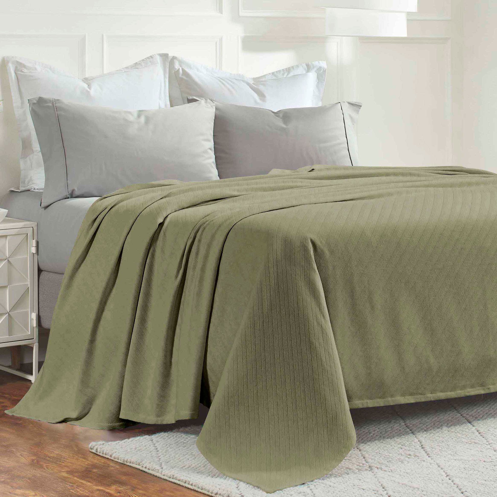 Milan Cotton Textured Jacquard Striped Lightweight Woven Blanket - Sage