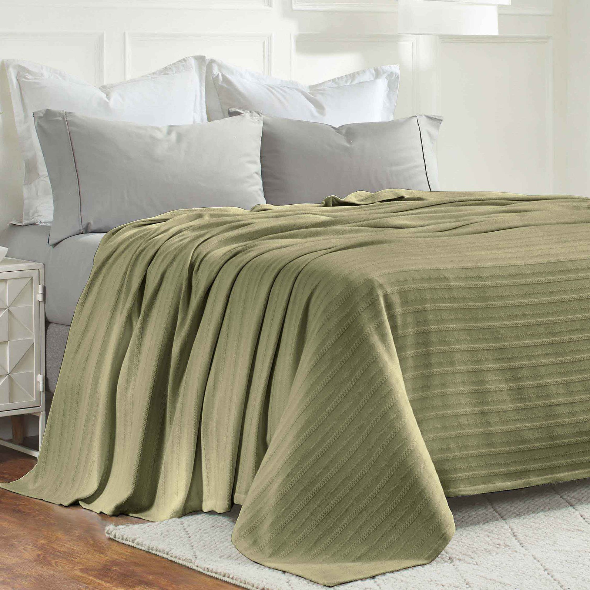 Clara Cotton Textured Jacquard Striped Lightweight Woven Blanket - Sage