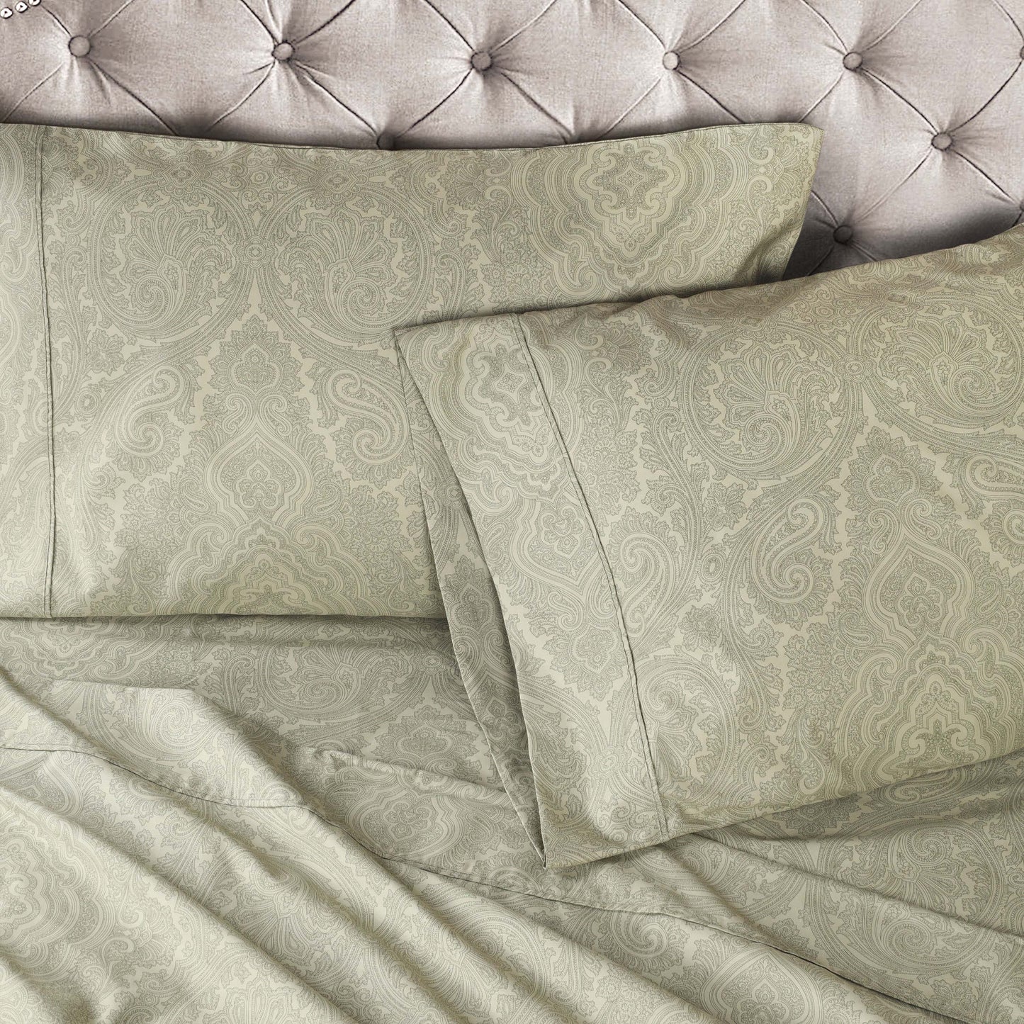 Italian Paisley 600 Thread Count Cotton Blend Deep Pocket Sheet Set - Sage