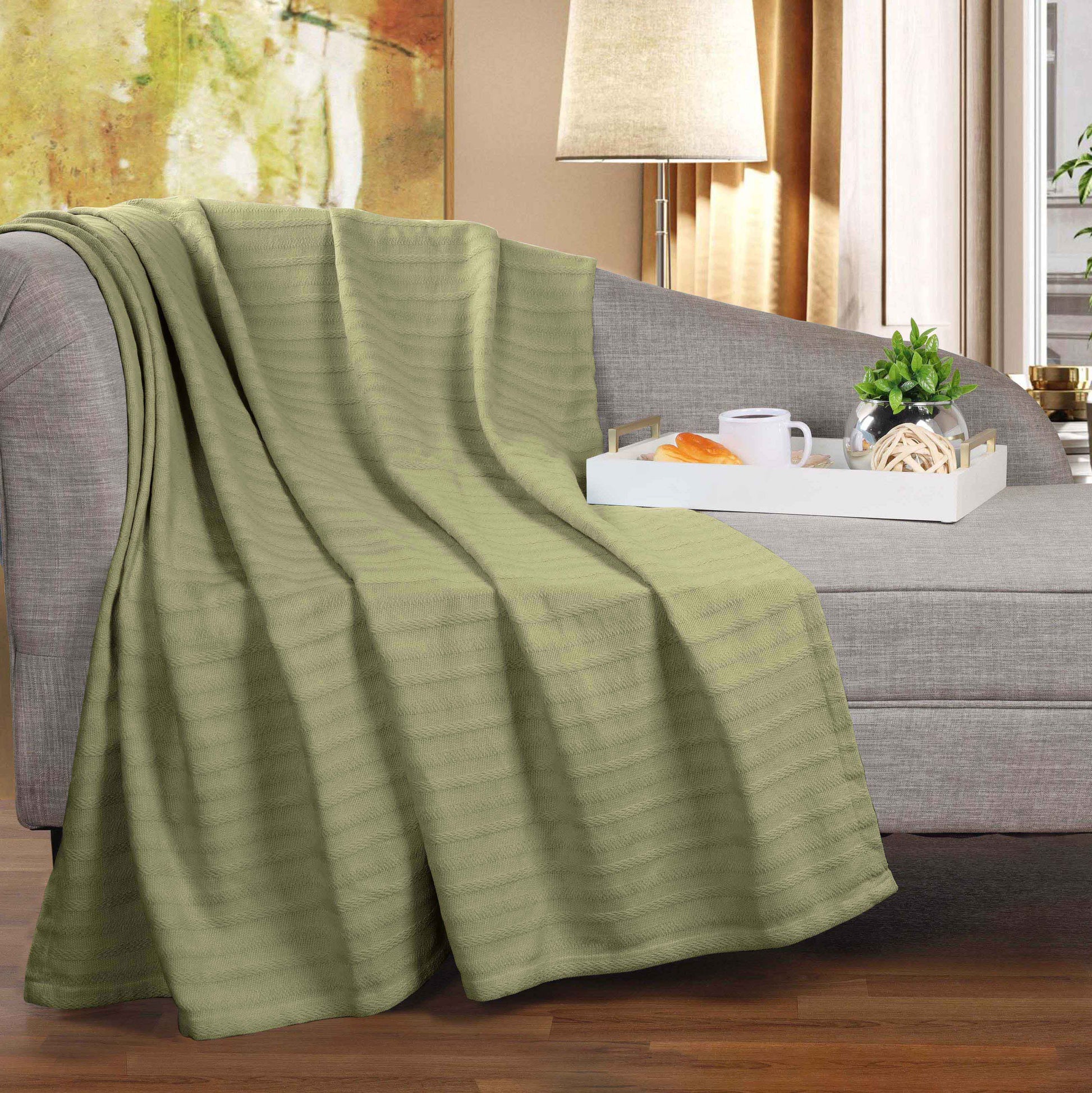 Clara Cotton Textured Jacquard Striped Lightweight Woven Blanket - Sage