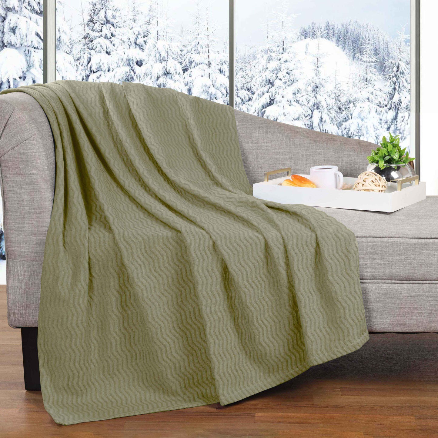 Jena Cotton Textured Chevron Lightweight Woven Blanket - Sage