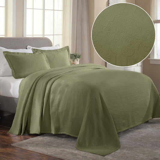 Florin Cotton Matelasse Weave Jacquard Scroll Medallion Bedspread Set - Sage