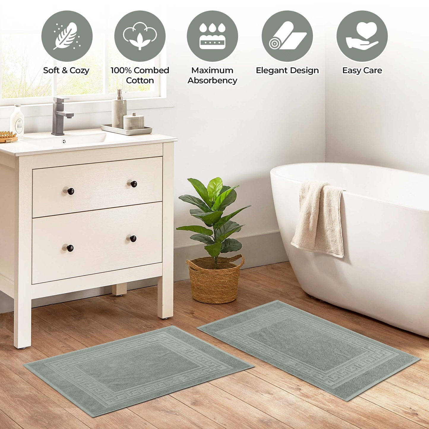 100% Cotton Highly-Absorbent Greek Key Border Solid 2-Piece Bath Mat Set - Sage