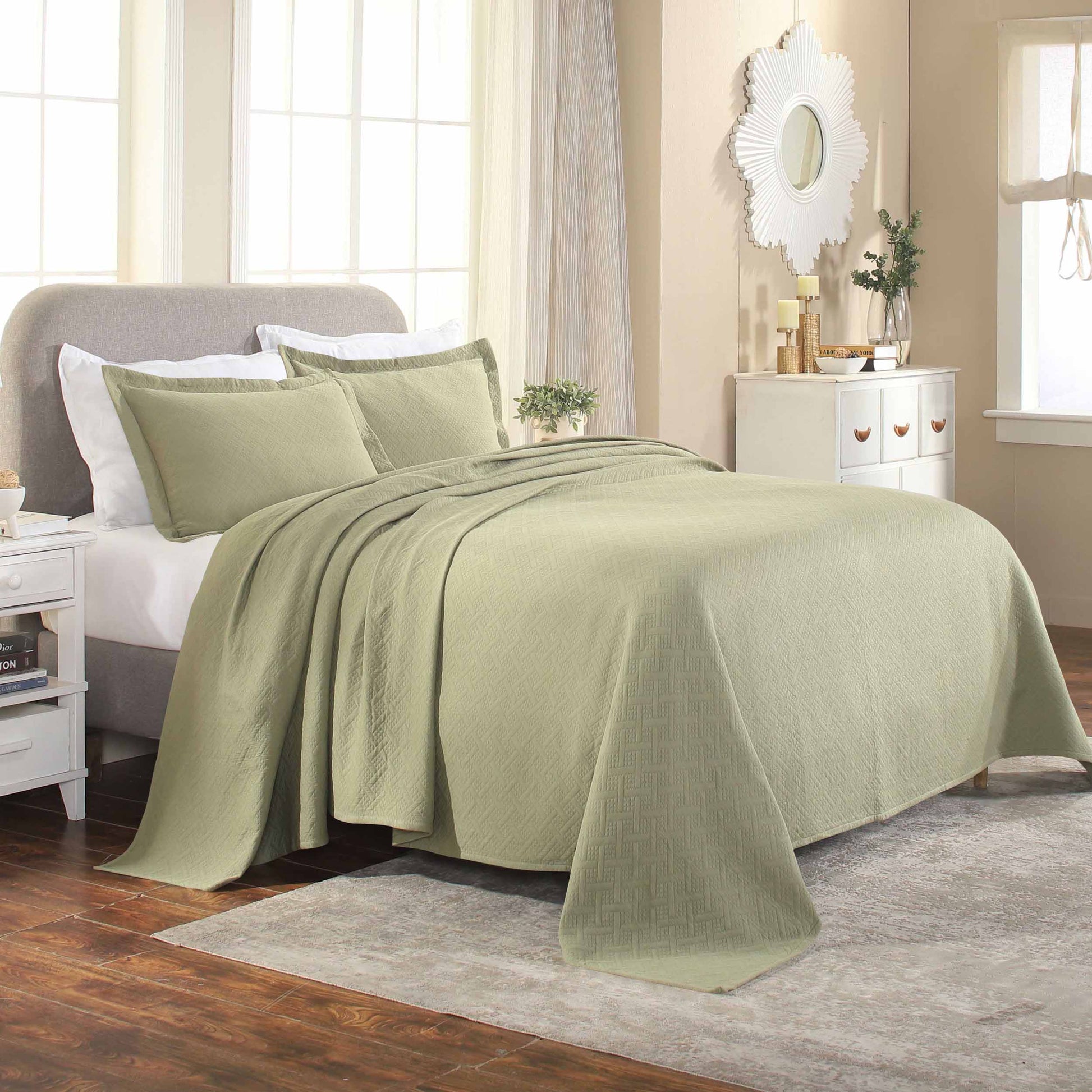 Basket Weave Matelasse Cotton Bedspread Set - Sage