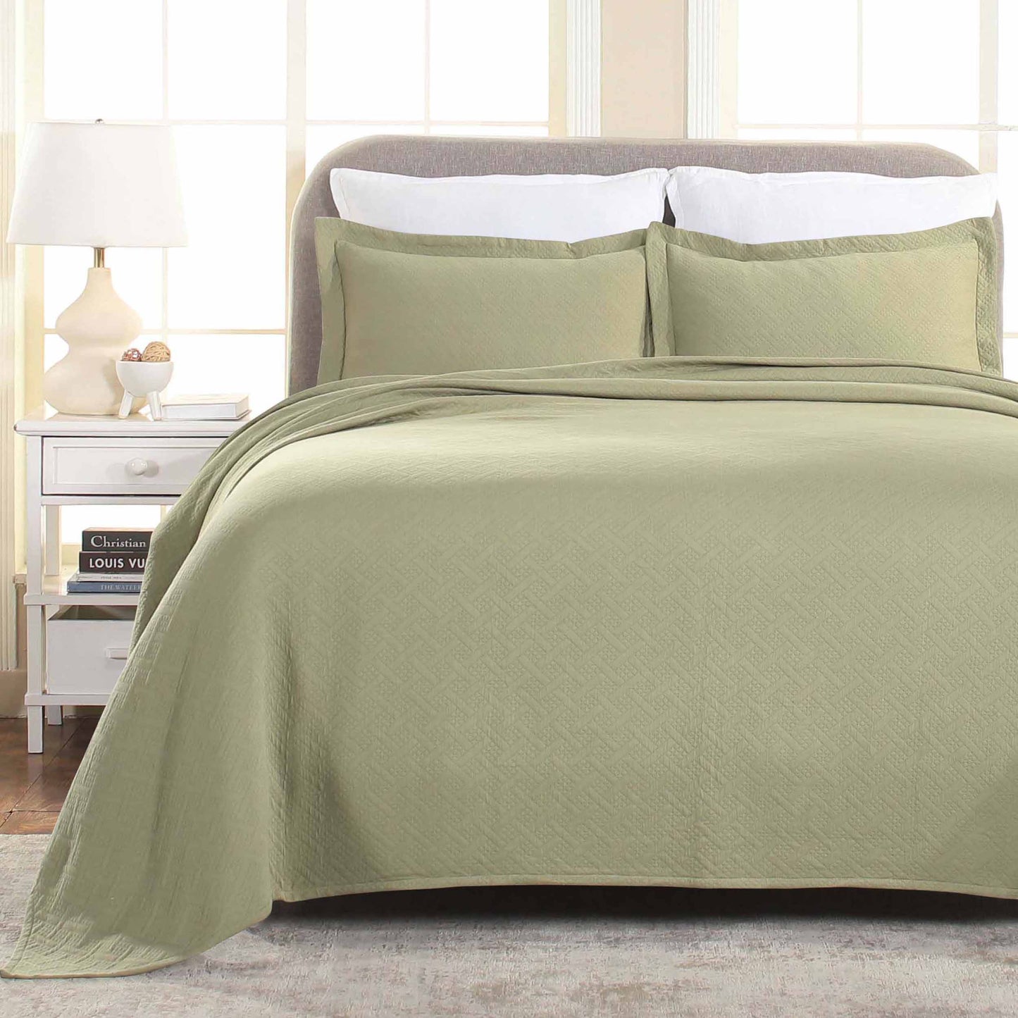 Basket Weave Matelasse Cotton Bedspread Set - Sage