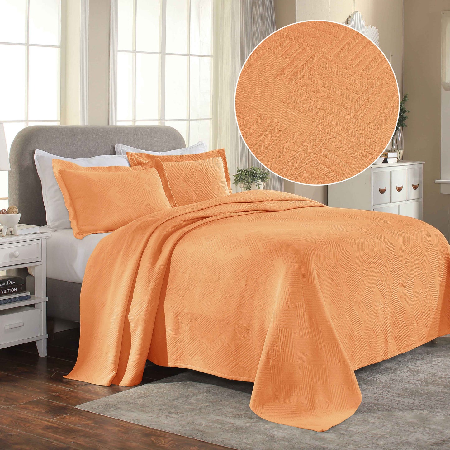 Cotton Jacquard Matelassé Scalloped Geometric Fret Bedspread Set - Salmon