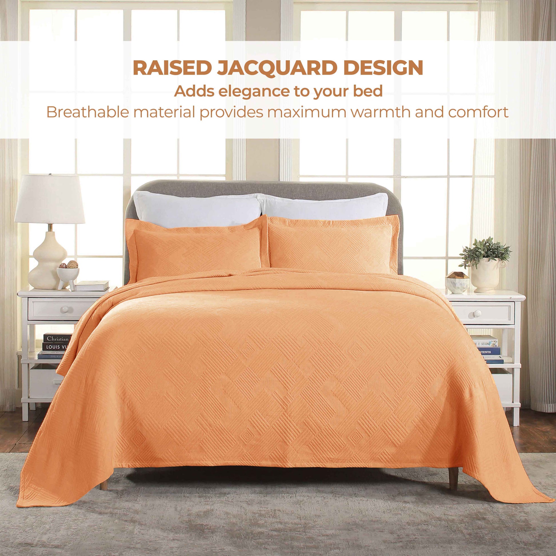 Cotton Jacquard Matelassé Scalloped Geometric Fret Bedspread Set - Salmon