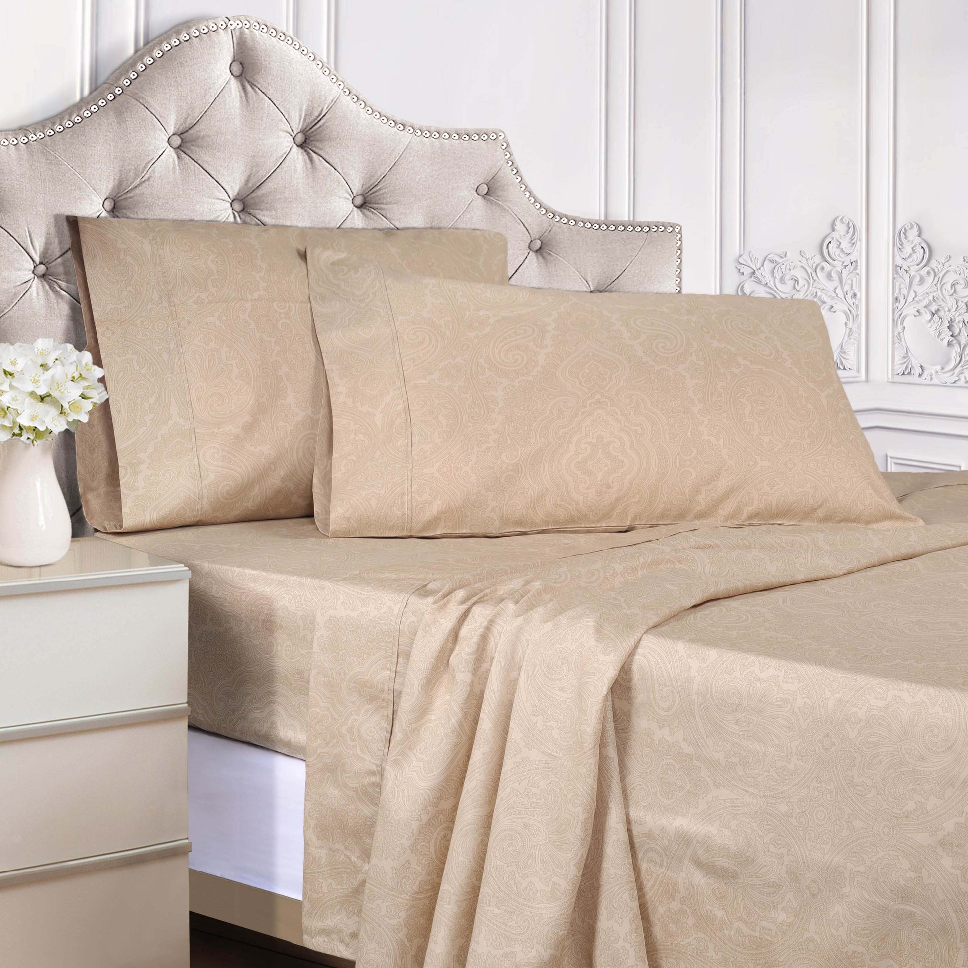 Italian Paisley 600 Thread Count Cotton Blend Deep Pocket Sheet Set - Sand