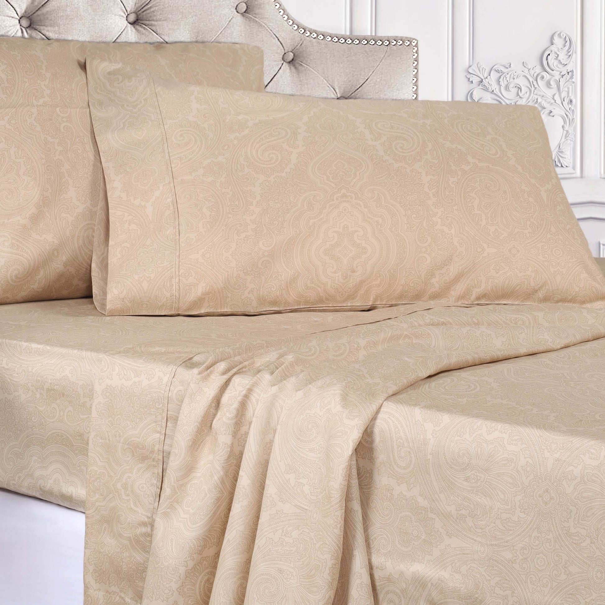Italian Paisley 600 Thread Count Cotton Blend Deep Pocket Sheet Set - Sand