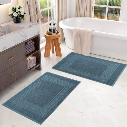 100% Cotton Highly-Absorbent Greek Key Border Solid 2-Piece Bath Mat Set - Sapphire