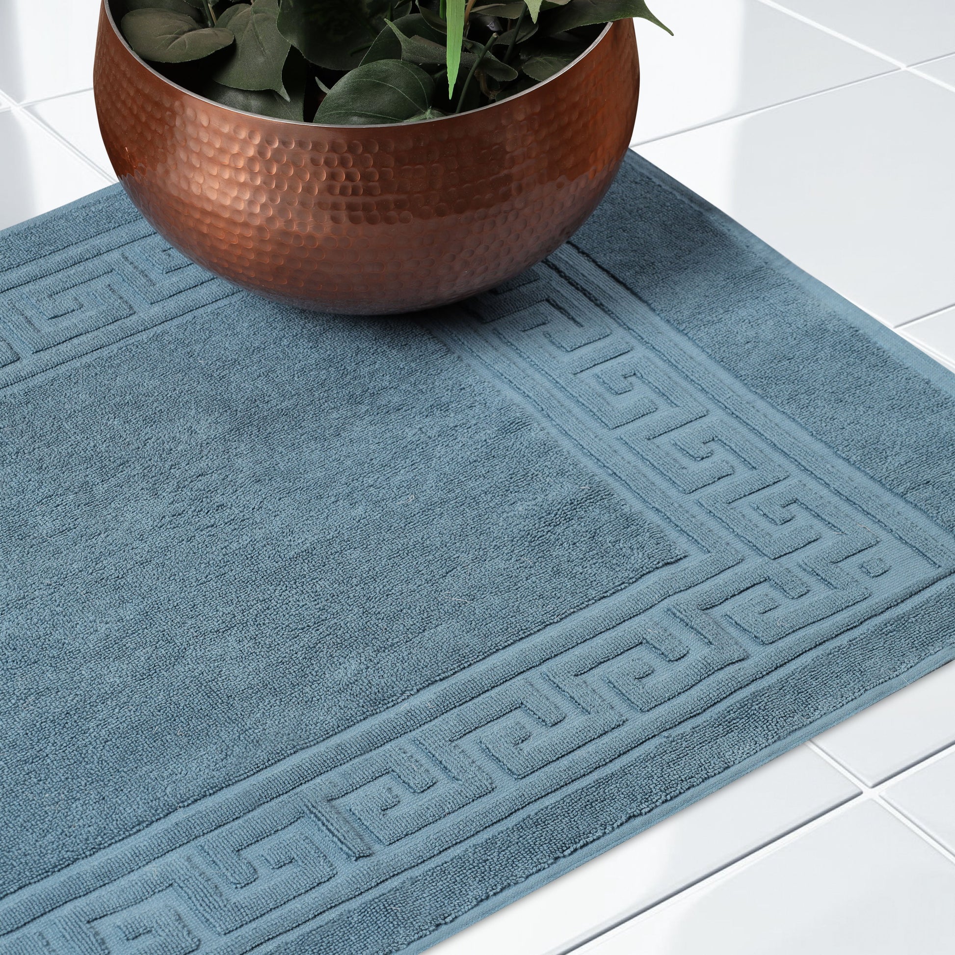 100% Cotton Highly-Absorbent Greek Key Border Solid 2-Piece Bath Mat Set - Sapphire