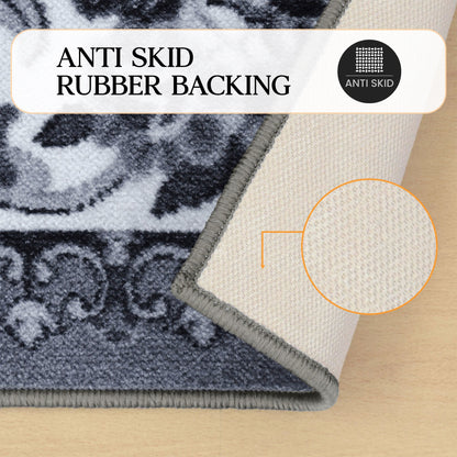 Seraphina Traditional Floral Non-Slip Indoor Area Rug Or Runner Rug Or Door Mat - Black-White