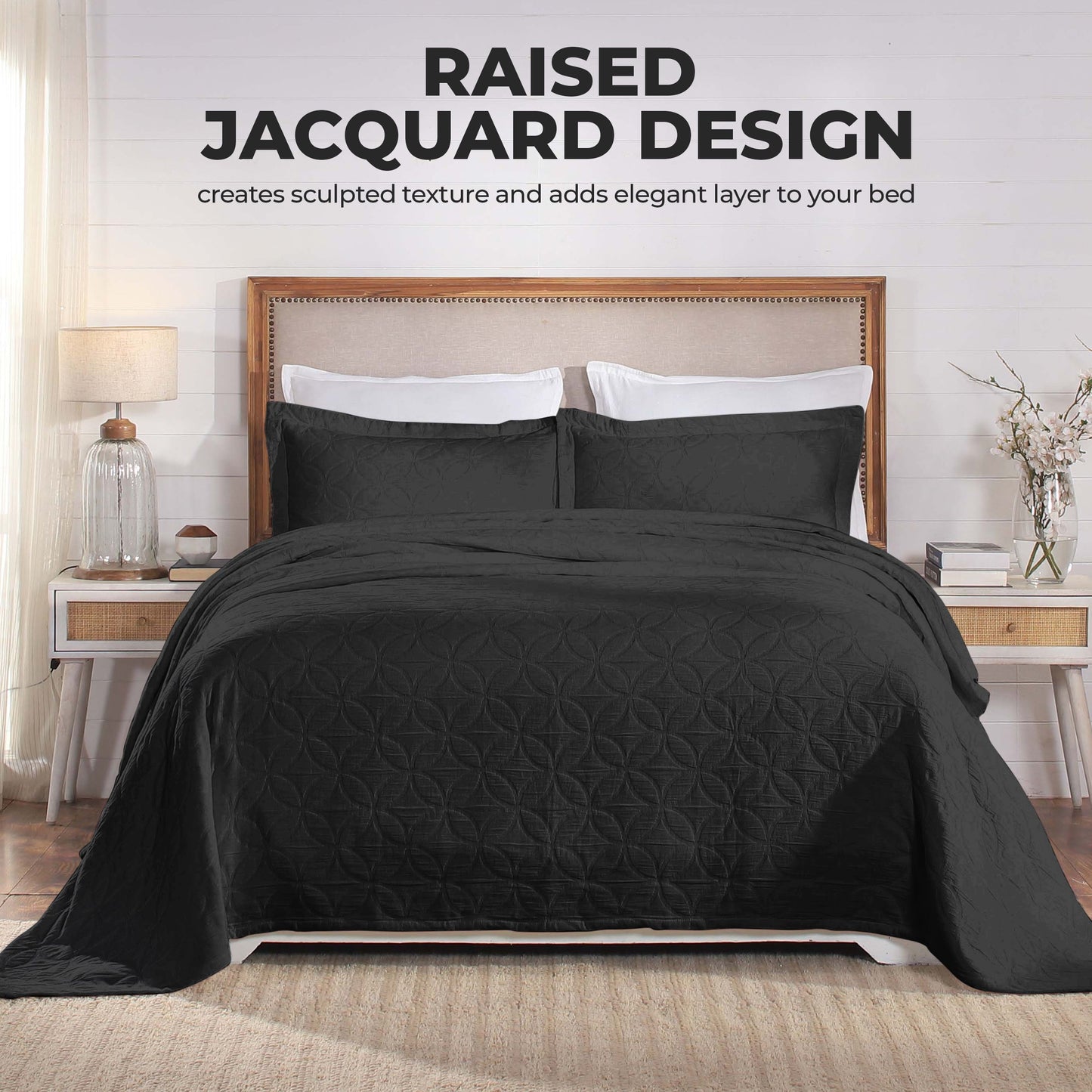 Serenity Cotton Matelasse Weave Jacquard Celtic Circle Bedspread Set - Black