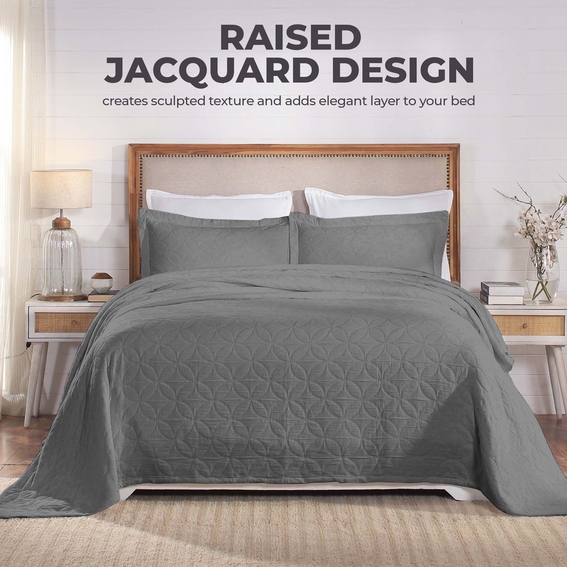 Serenity Cotton Matelasse Weave Jacquard Celtic Circle Bedspread Set - Grey