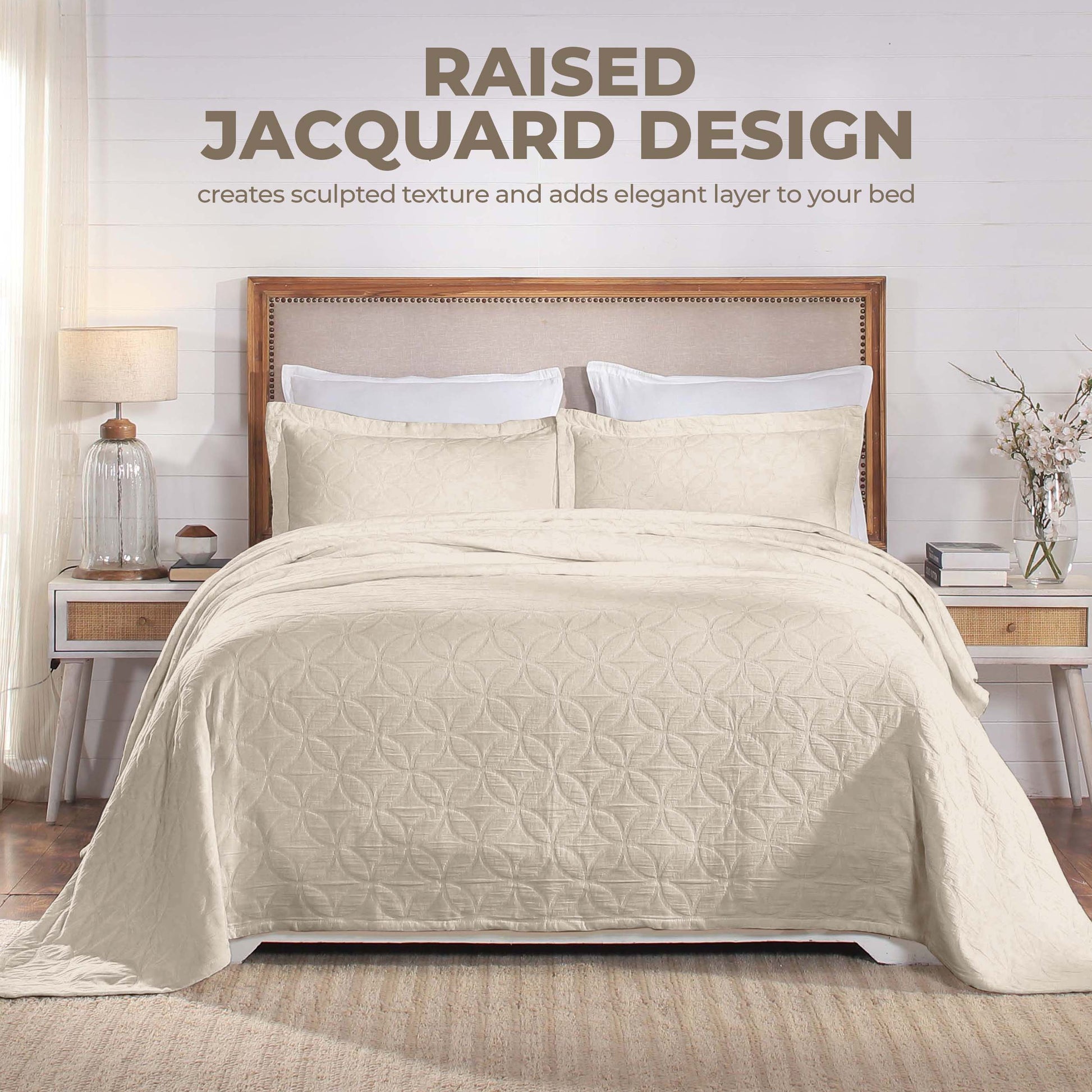 Serenity Cotton Matelasse Weave Jacquard Celtic Circle Bedspread Set - Ivory