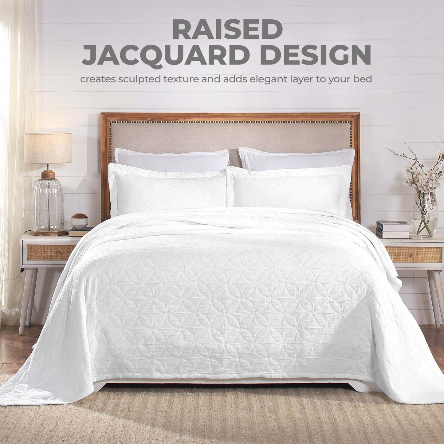 Serenity Cotton Matelasse Weave Jacquard Celtic Circle Bedspread Set - White